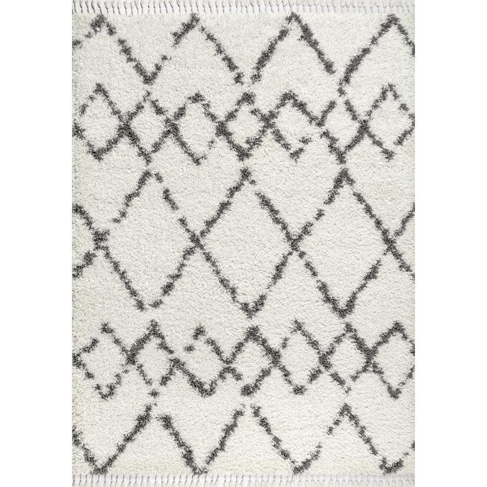 8'x10' Mercer Shag Plush Tassel Moroccan Geometric Trellis Area Rug, Cream/Grey - JONATHAN Y