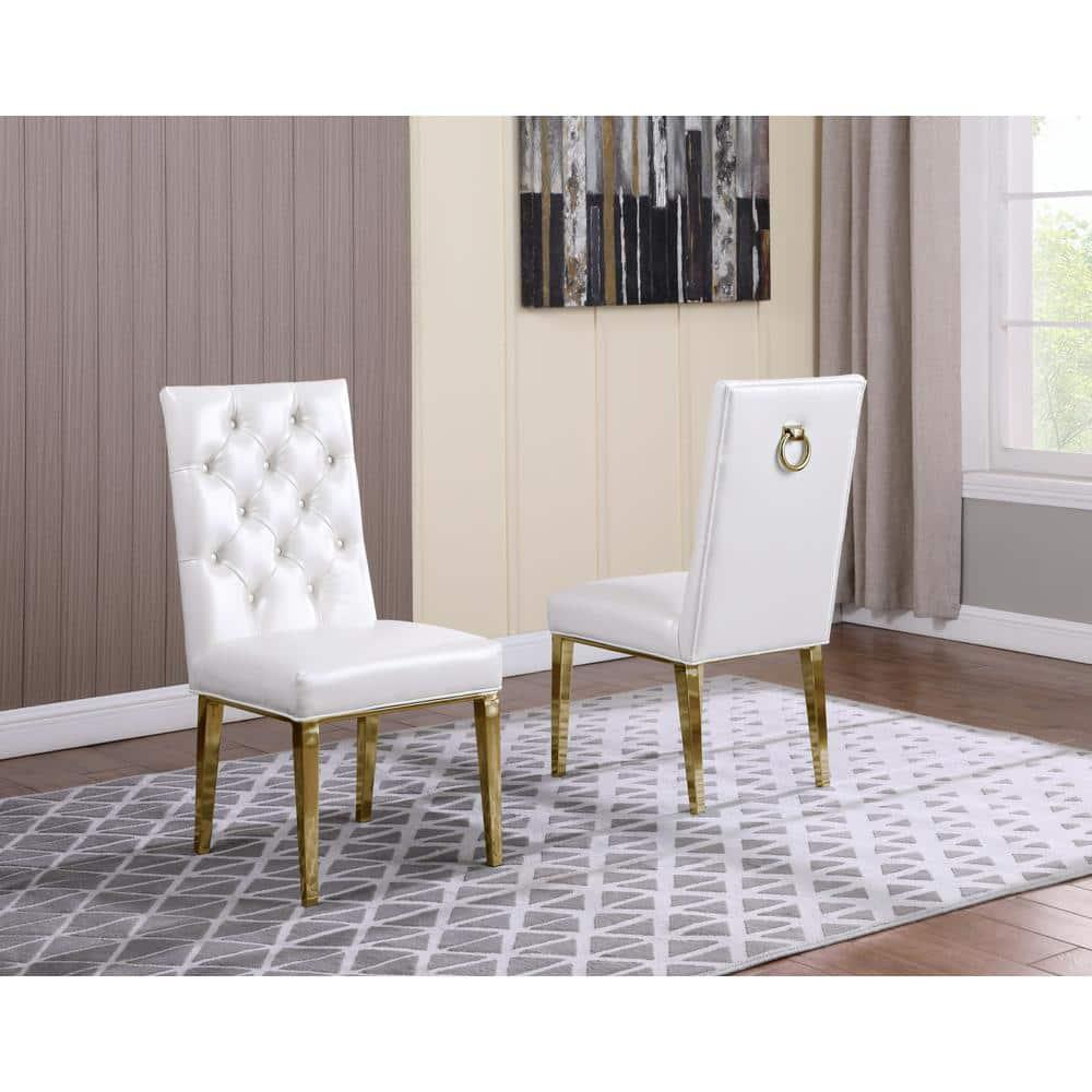 White Faux Leather Tufted Side Chairs with Gold Chrome Legs (Set of 2)