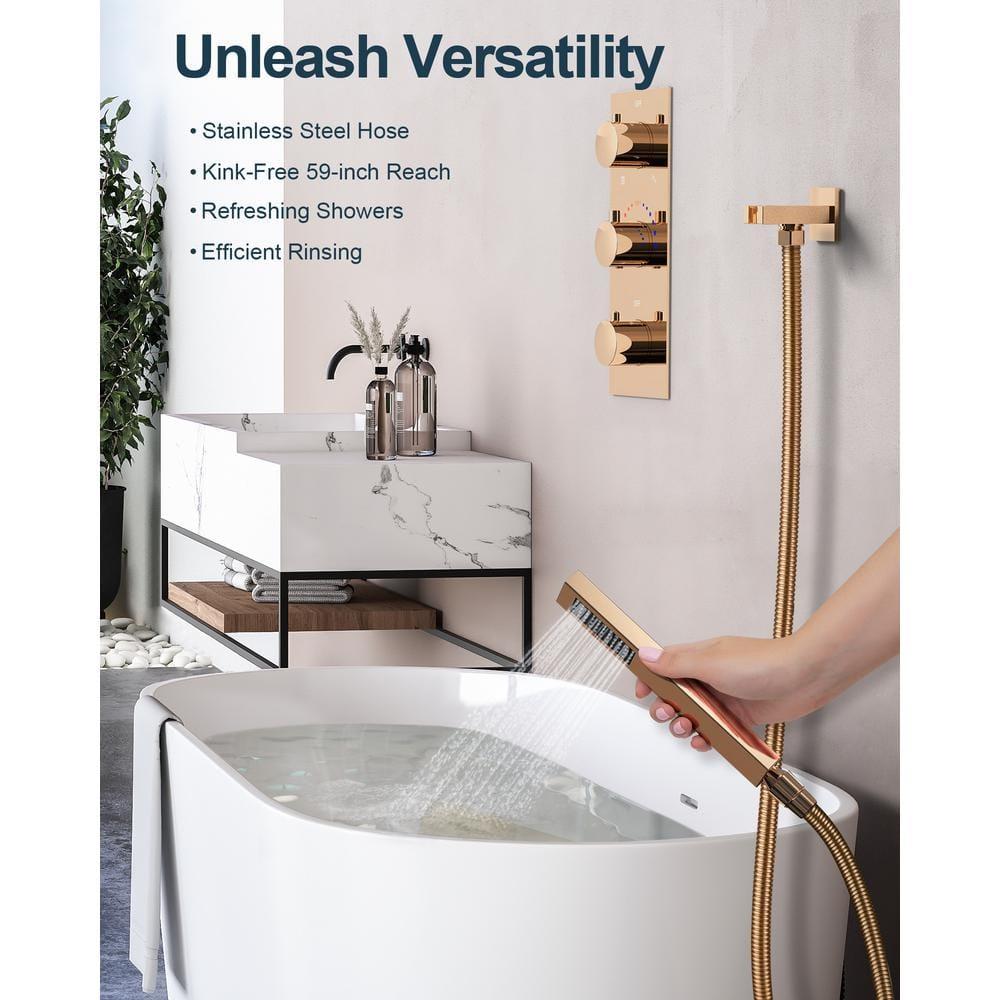 GRANDJOY RGB LED 5-Spray Shower System Ceiling Mount 12 in. Fixed and Handheld Shower Head Shower Faucet Set Thermostatic Valve Kit Rose Gold