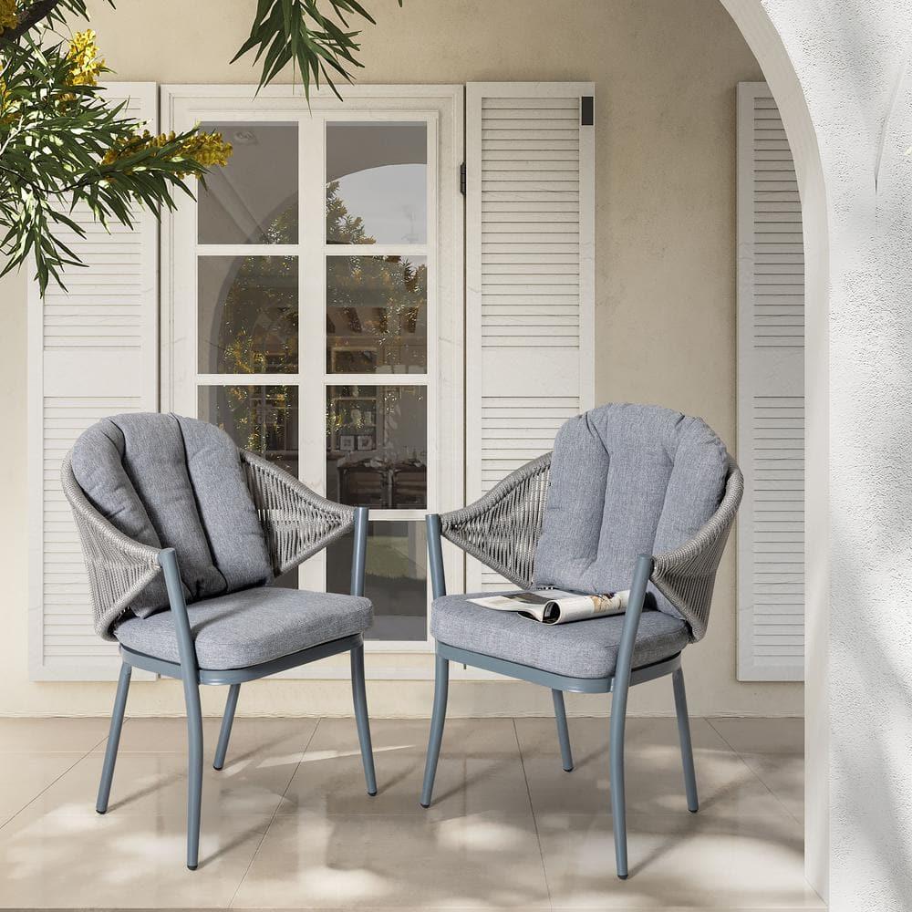Nuu Garden Patio Dining Chairs Set of 2, Woven Rope Outdoor Dining Chairs, All-Weather Aluminum Arm Chairs with Cushions, No Assembly Light Grey