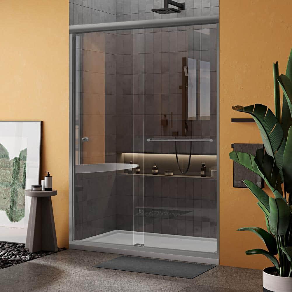 56" - 60" W, 62"H Double Sliding Semi-Frameless with Fixed Glass Panel 60" W x 62" H Shower Door