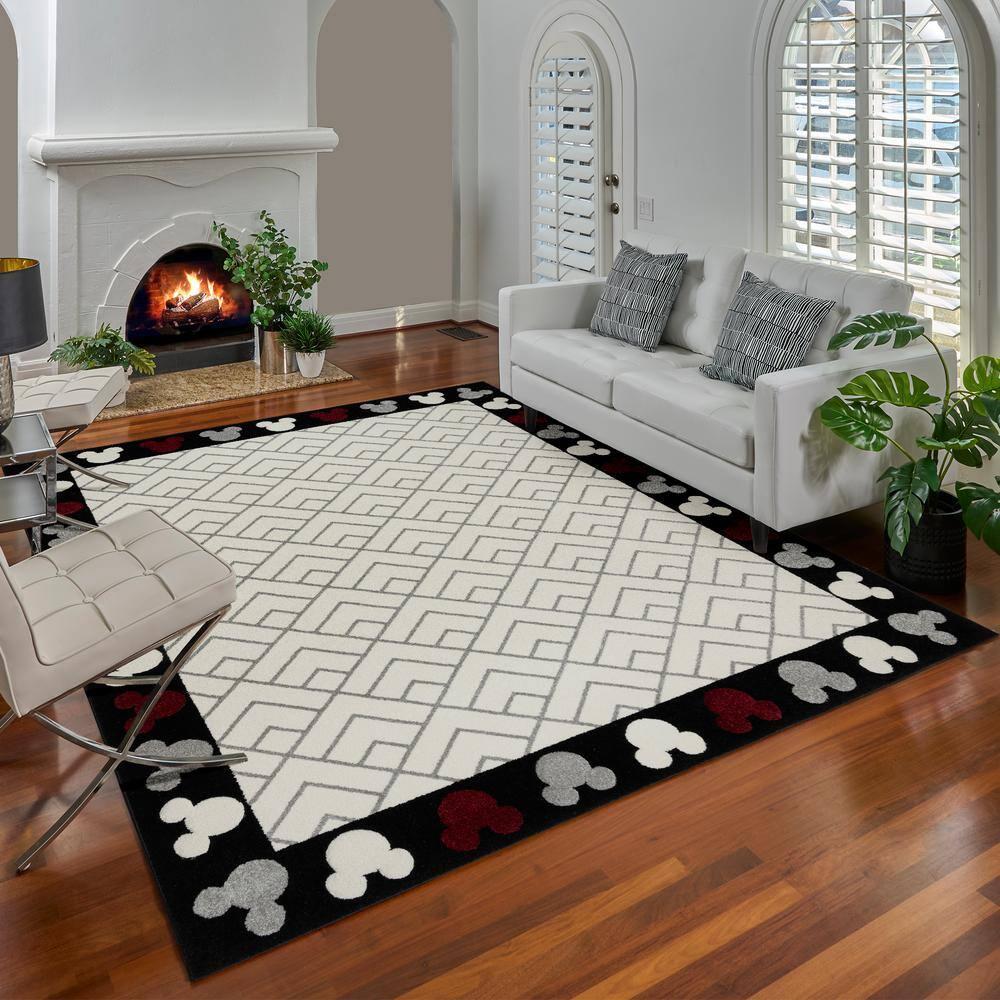 Disney by Gertmenian Disney Bravo Mickey Mouse Border Heads Modern Geometric Ivory Area Rug