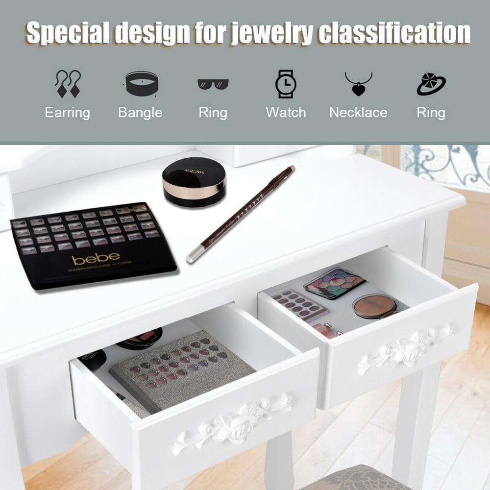 Costway Vanity Wood Makeup Dressing Table Stool Jewelry Desk 4 White