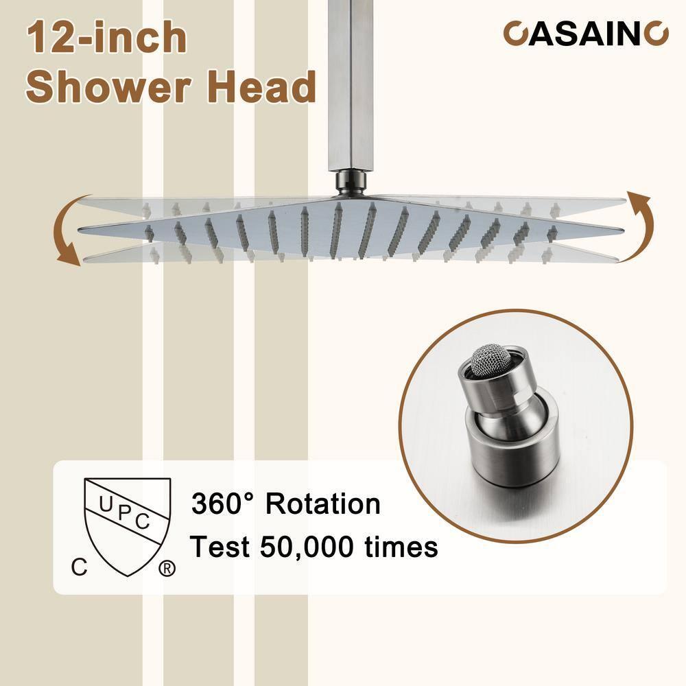 CASAINC 12'' Ceiling Mounted Square Shower System with Handheld Sprayer & 6 Body Jets, Brushed Nickel