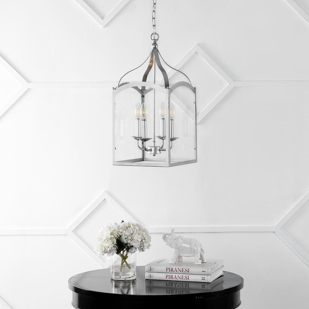 11" LED 4-light Ruth Classic Lantern Metal/Glass Pendant Silver - JONATHAN Y: ETL Listed, Adjustable Height