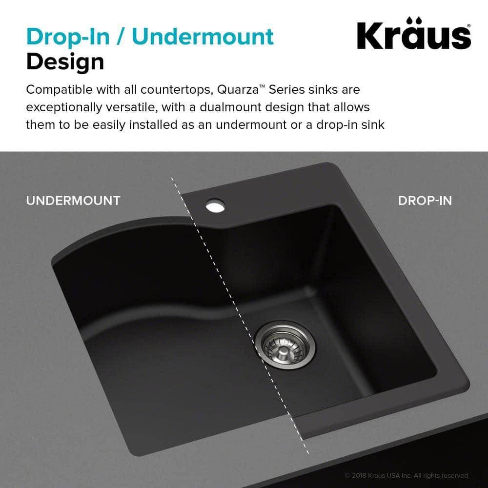 Kraus Quarza 25 Dual Mount Single Bowl Granite Kitchen Sink and Strainer in Grey
