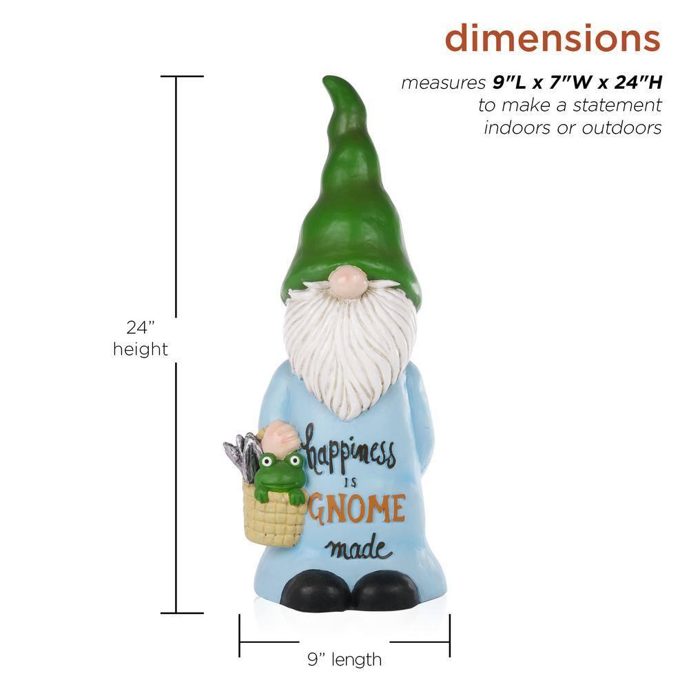 24" Magnesium Oxide "Happiness is Gnome Made" Indoor/Outdoor Garden Gnome Statue Green/Blue - Alpine Corporation