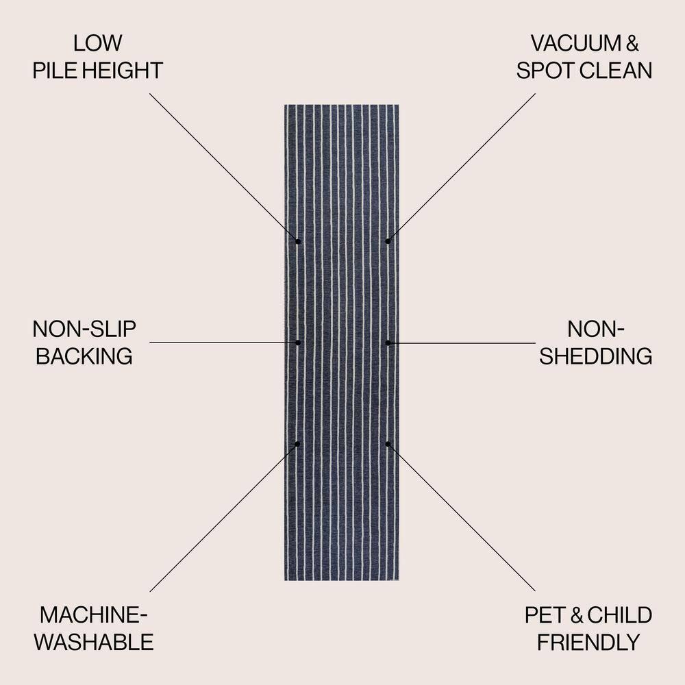 2' x 8' Rand Distressed Ticking Stripe Machine-Washable Runner Rug, Navy/Ivory - JONATHAN Y