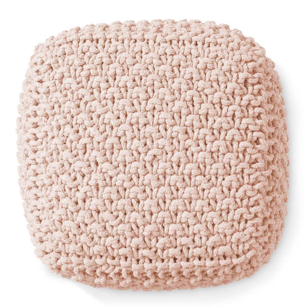 Casafield Square Pouf Ottoman, Light Pink - 18.5" W x 18.5" D x 14.5" H Cotton Knit Foot Stool - Boho Floor Pouffe for Living Room