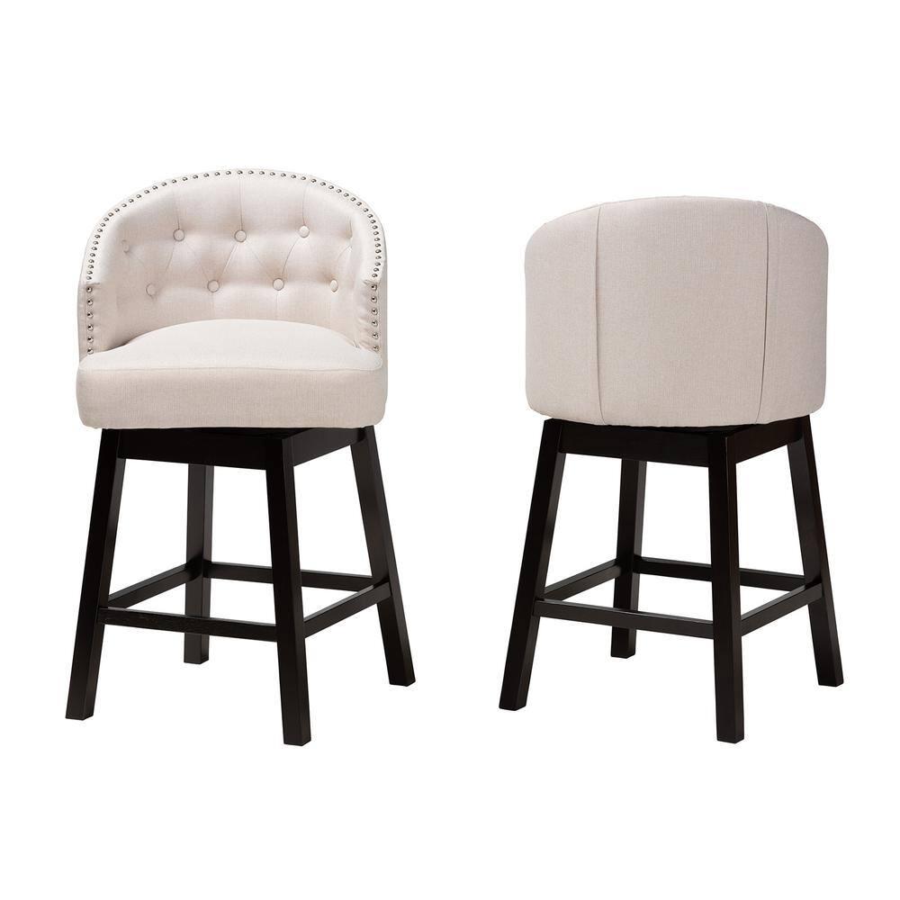 2pc Theron Fabric and Wood Swivel Counter Height Barstools Set Beige/Espresso Brown - Baxton Studio: Upholstered, Rubberwood Frame, Fixed Height