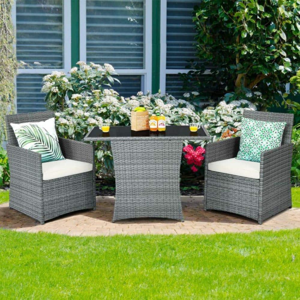 Canddidliike 3 Pieces Patio PE Rattan Furniture Set with 2 Ergonomic Chairs , Space-Saving Outdoor Conversation Set with Cushioned Armrest Sofa, Patio Bistro Set for Outdoor, White