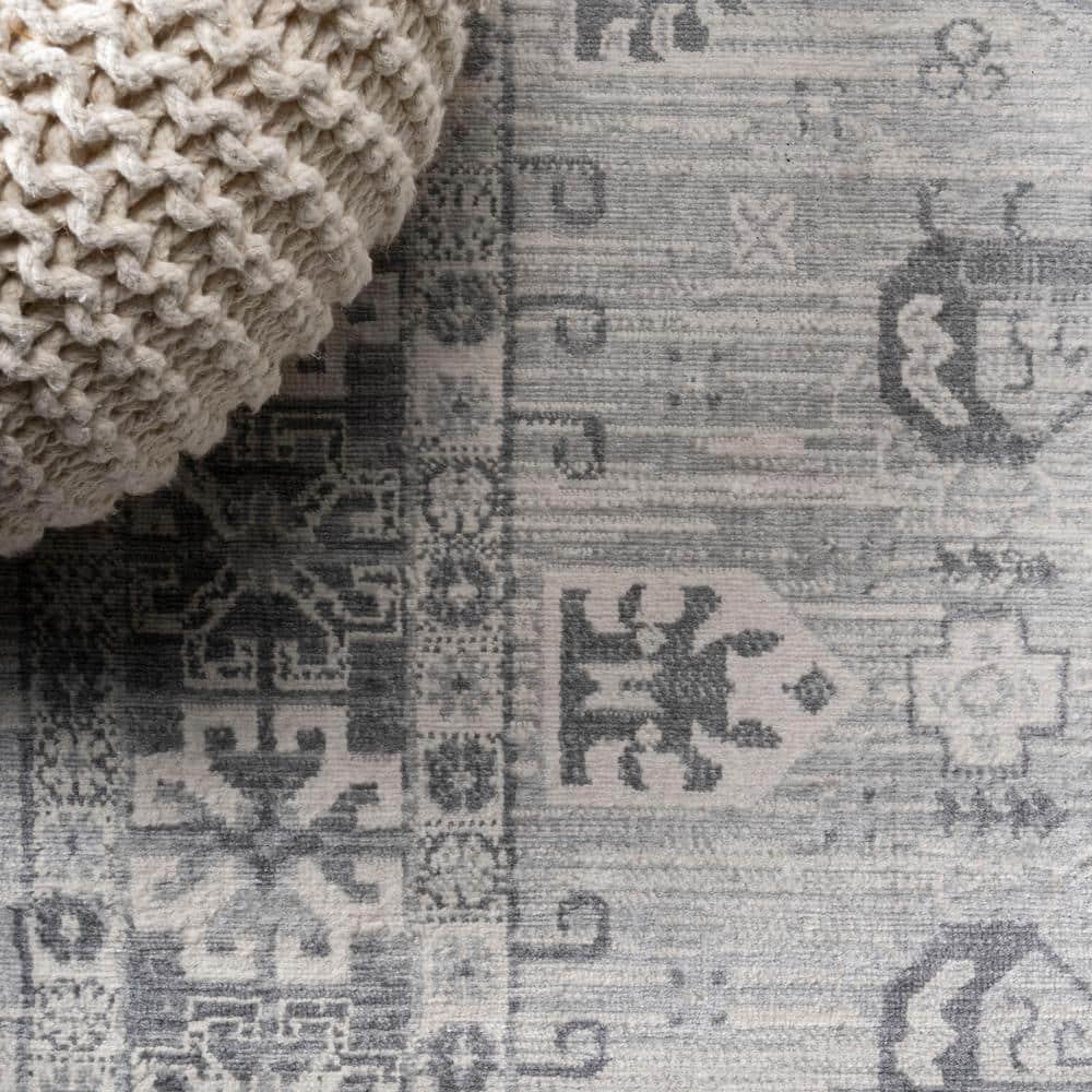 6' Square Modern Persian Vintage Medallion Area Rug, Light Gray - JONATHAN Y