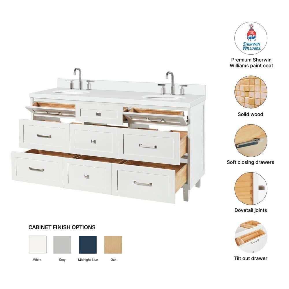 Ariel Monrow 67 Inch Double Oval Sink Bathroom Vanity With Pure White Quartz Countertop