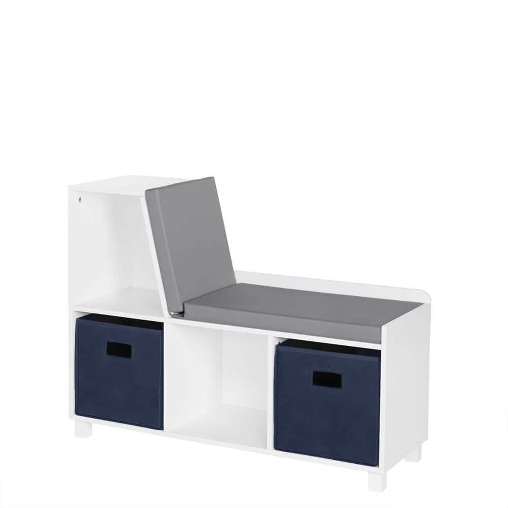 RiverRidge Home RiverRidge Kids Reading Book Nook Cushioned Toy Storage Bench with Cubby Organizers and 2 Fabric Bins- White