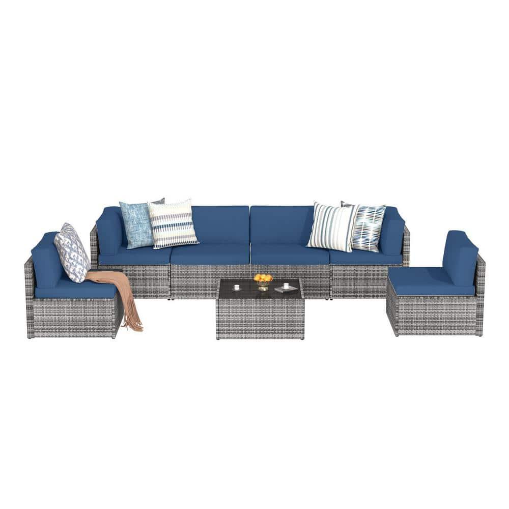 U-MAX 7 Piece Outdoor Patio Furniture Set, PE Rattan Outdoor Wicker Sectional Furniture Chair Set with Cushions and Tea Table, Grey Rattan and Navy Cushion