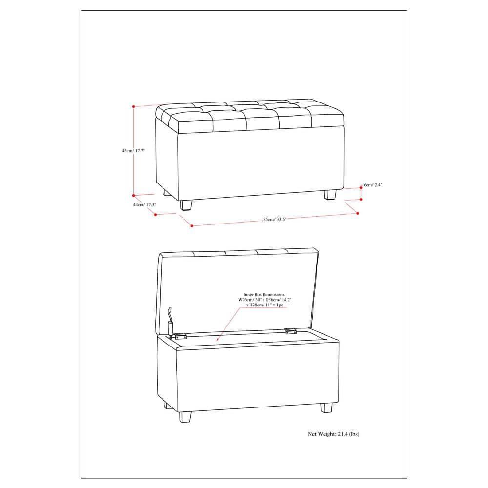 Simpli Home Cosmopolitan 34"W Upholstered Storage Ottoman with Tufted Design and Large Interior Storage
