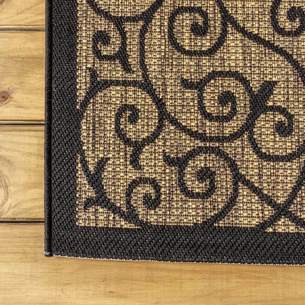 2'x8' Madrid Vintage Filigree Textured Weave Indoor/Outdoor Runner Rug, Black - JONATHAN Y