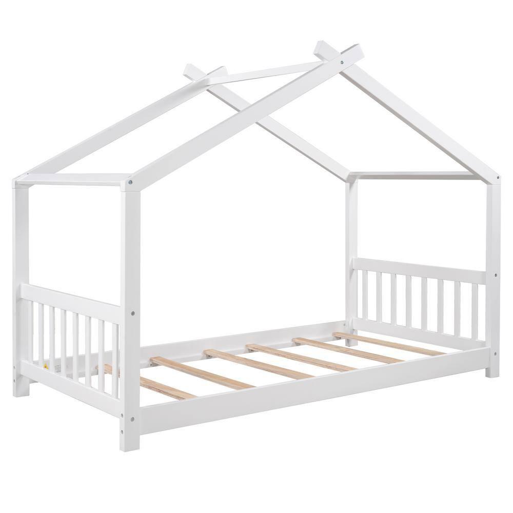 Harper & Bright Designs Twin House Bed for Kids, Floor Frame With Headboard and Footboard, Wooden Montessori Bed for Girls, Boys, White