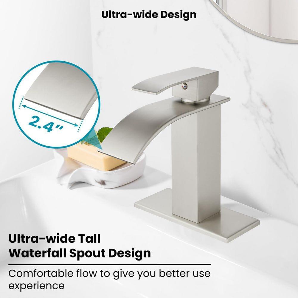 Waterfall Single Handle Bathroom Vanity Sink Faucet with Metal Pop-up Drain, Brushed Nickel Finish