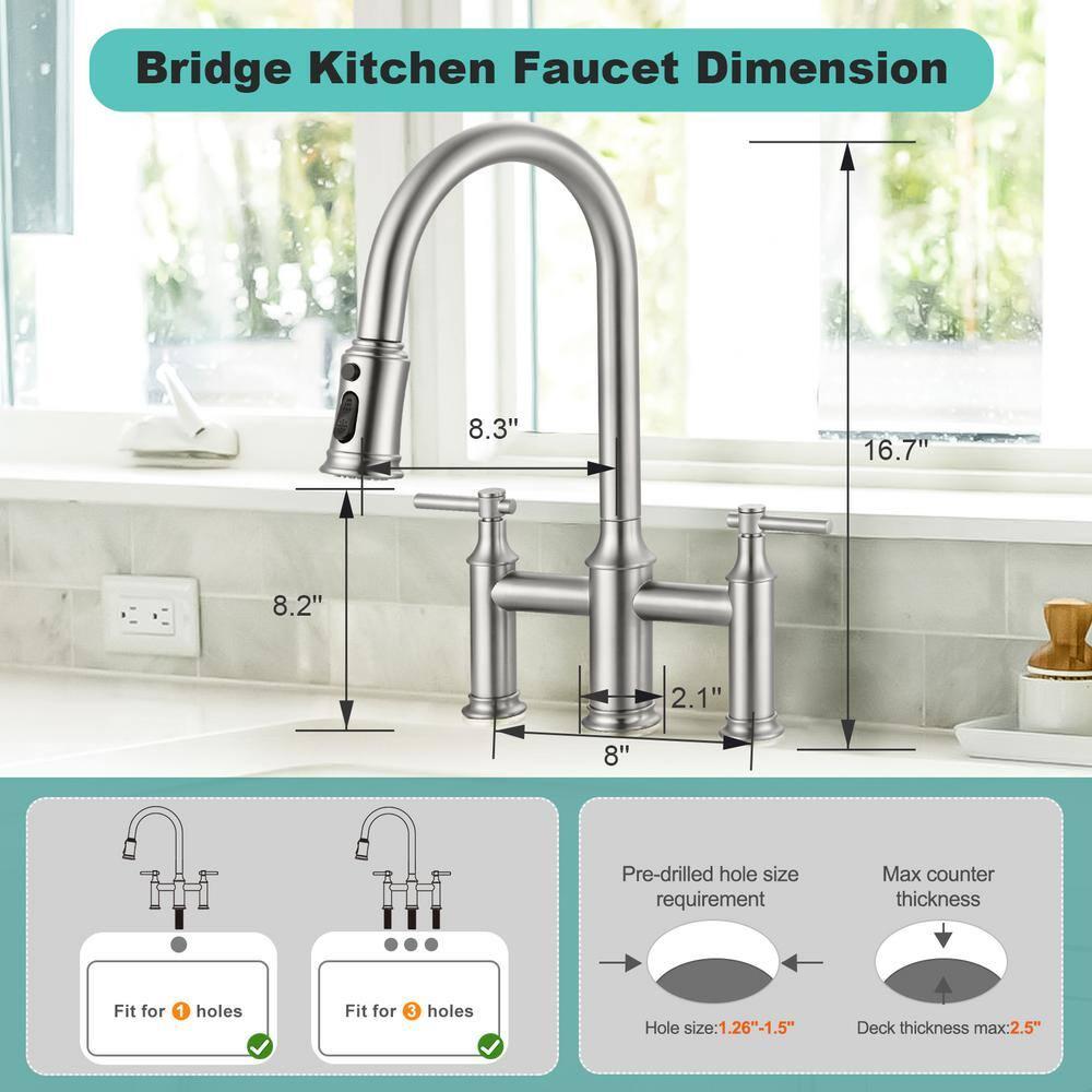 Brushed Nickel Bridge Kitchen Faucet: 3 Holes Kitchen Faucet with Pull Down Sprayer - Two Handles 8 Inch Centerset Kitchen Sink Faucet, 360° Swivel Spout
