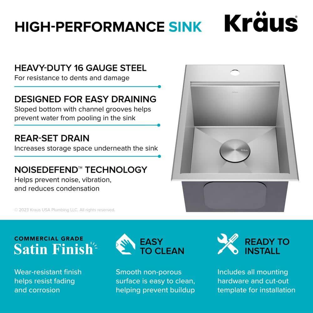 Kraus KWT311-15 KRAUS® Kore 15" Drop In / Top Mount Workstation 16 Gauge Single Bowl Stainless Steel Bar Kitchen Sink with Accessories