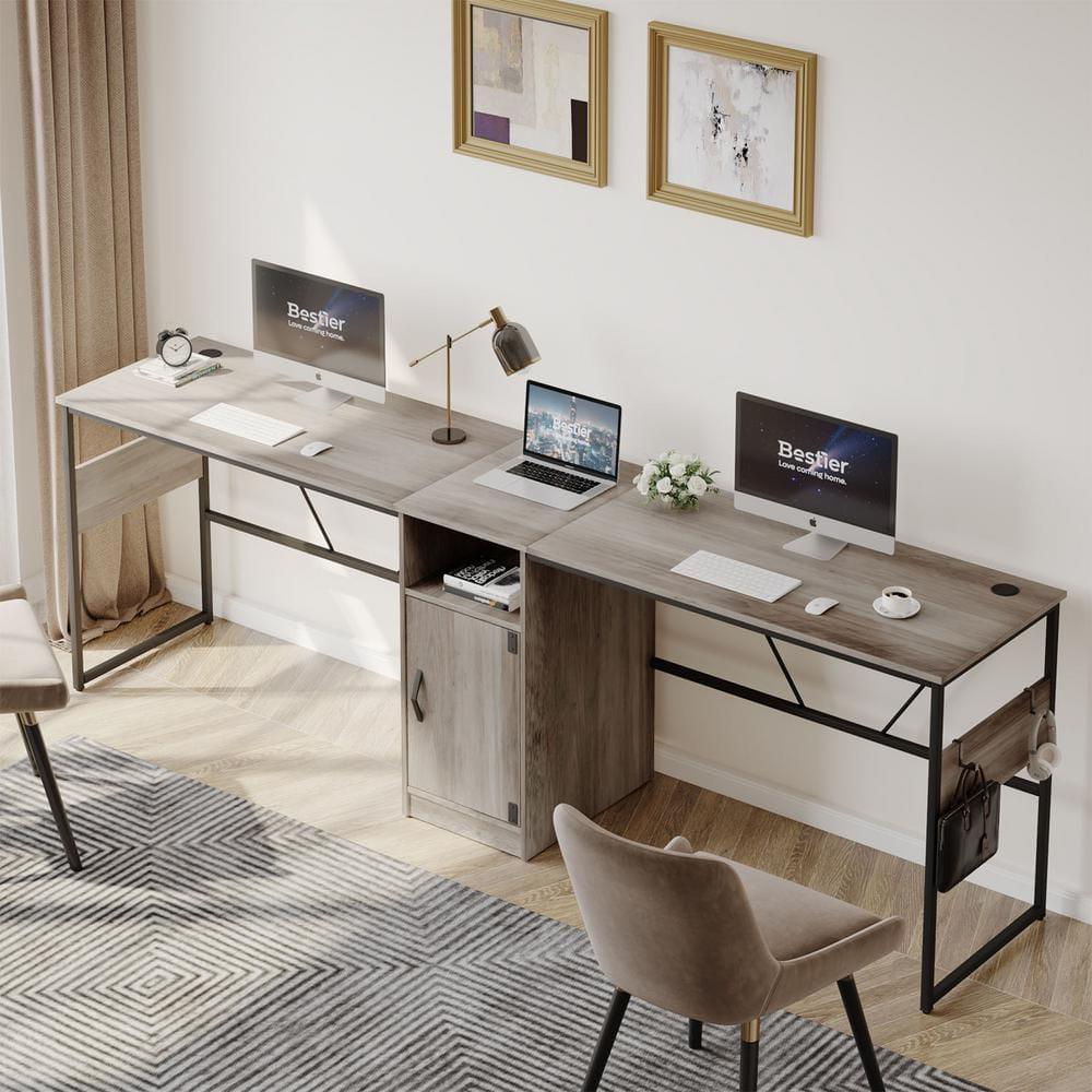 Bestier Reversible 60 inches L Shaped Computer Desk with Storage Cabinet Long Desk for 2 Person Wash Grey