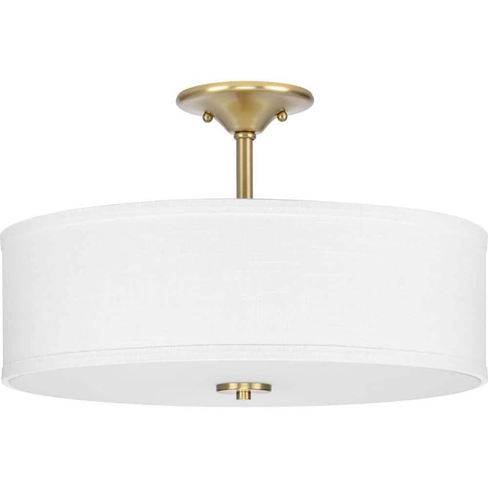 Progress Lighting, Inspire Collection, 3-Light Semi-Flush Mount, Satin Brass, Summer Linen Shade