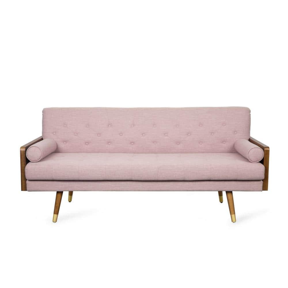 Noble House Nathanial Tufted Fabric Sofa, Light Blush and Dark Walnut