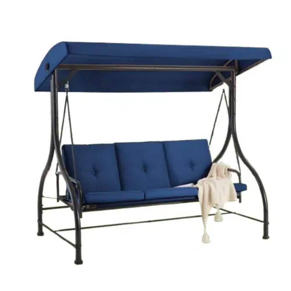 GARTOOO 3-Seat Outdoor Large Porch Swing with Converting Canopy,Patio Hammock Lounge Swing Chair,Adjustable Shade & Removable Cushions