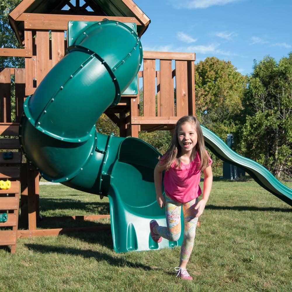Swing-N-Slide Tellico Terrace Wooden Backyard Swing Set with Tube Slide, Wave Slide, Climbing Wall, and Swings