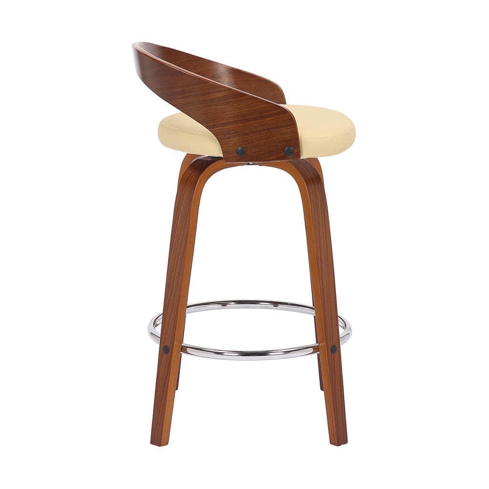 Sonia 26 in.  Counter Height Swivel Cream Faux Leather and Walnut Wood Bar Stool