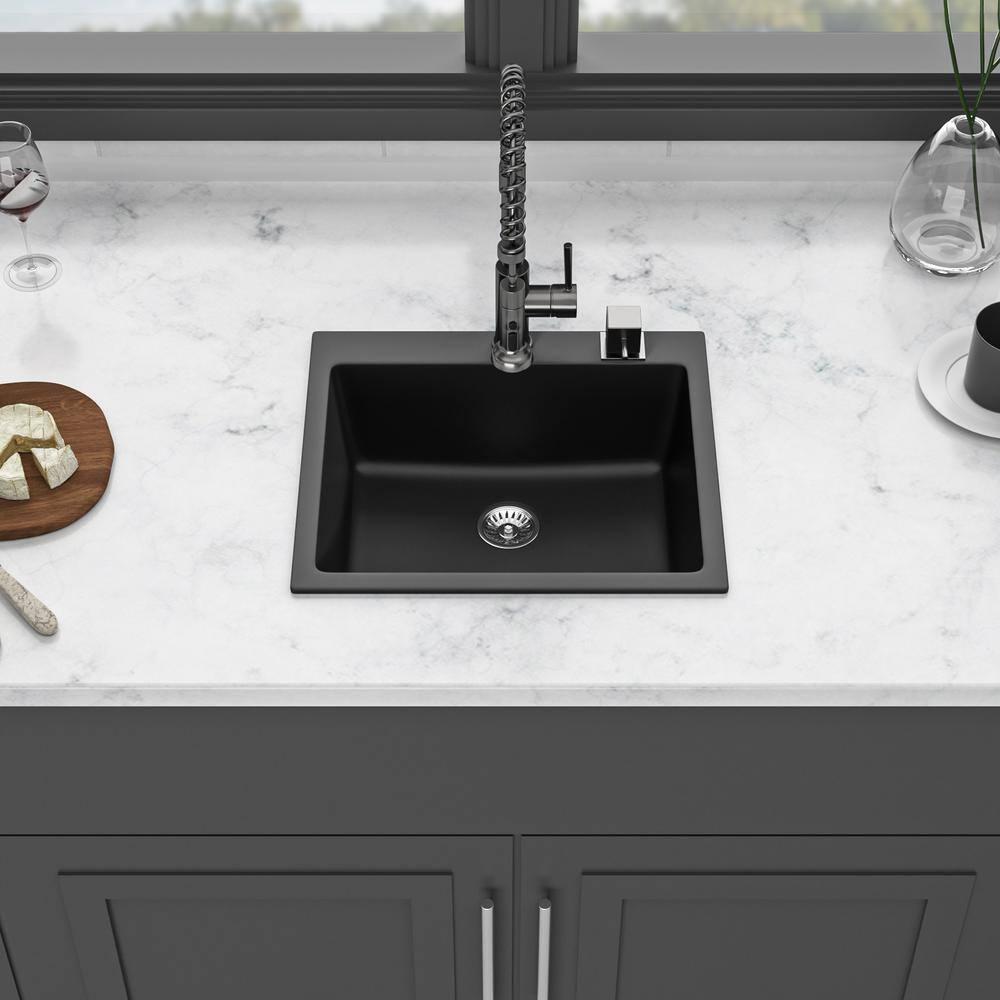 Quartz Kitchen Sink - 25X22" Black Granite Composite Drop In Kitchen Sink