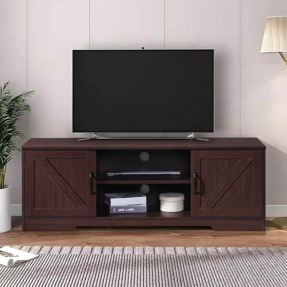 AndMakers 59 in. Farmhouse Walnut TV Stand For TVs Up To 59" with 2 Storage Cabinets, Wood Barn Door Media Television Console Table With Storage