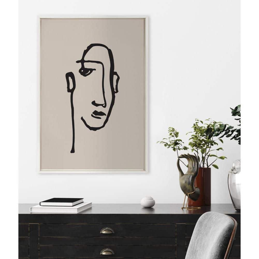 Kate and Laurel Sylvie Minimalist Neutral Line Art Drawing Face Framed Canvas Wall Art by The Creative Bunch Studio, 23x33 White, Modern Abstract Face Line Drawing Wall Decor