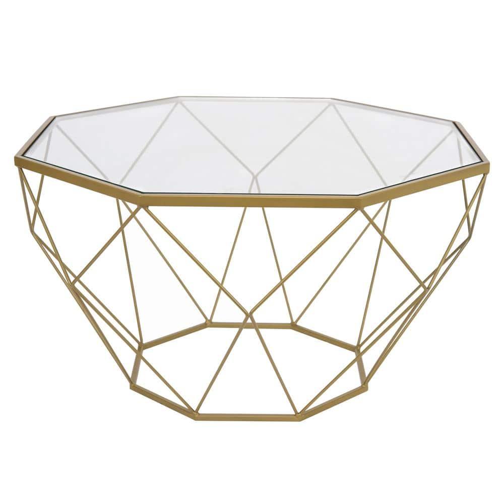 LeisureMod Malibu Modern 29" Wide Octagon Glass Top Coffee Table With Iron Base in Gold