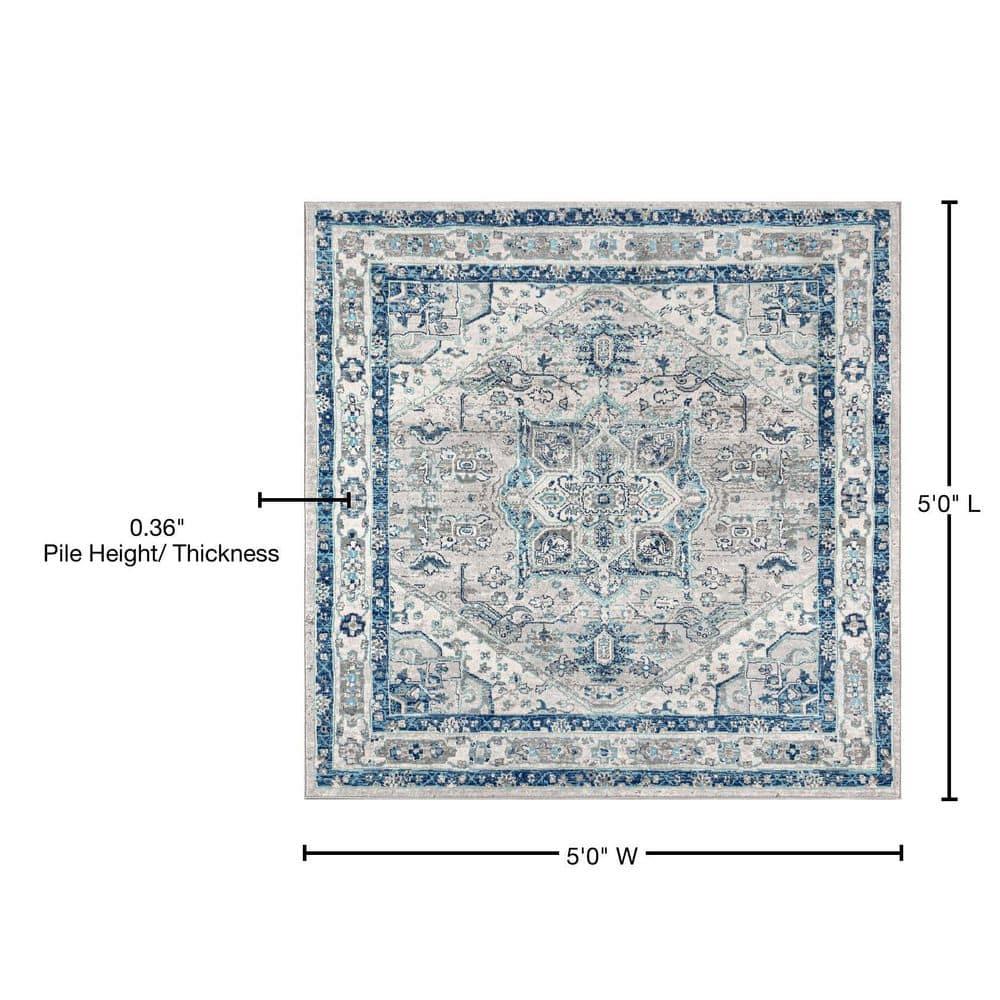 5'x5' Modern Persian Vintage Medallion Area Rug, Light Grey/Blue - JONATHAN Y