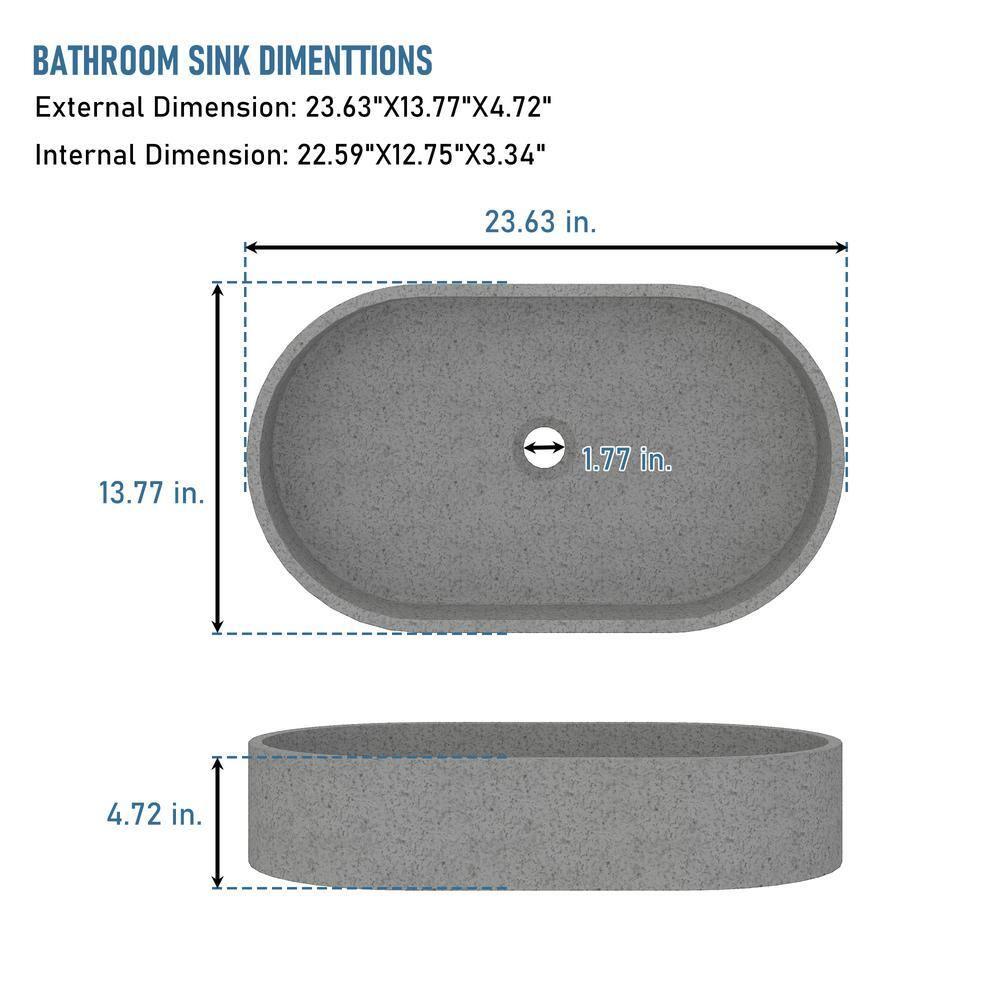 23.63 in. Oval Vessel Bathroom Sink with Pop-up Drain in Mottled Bluish Gray Cement