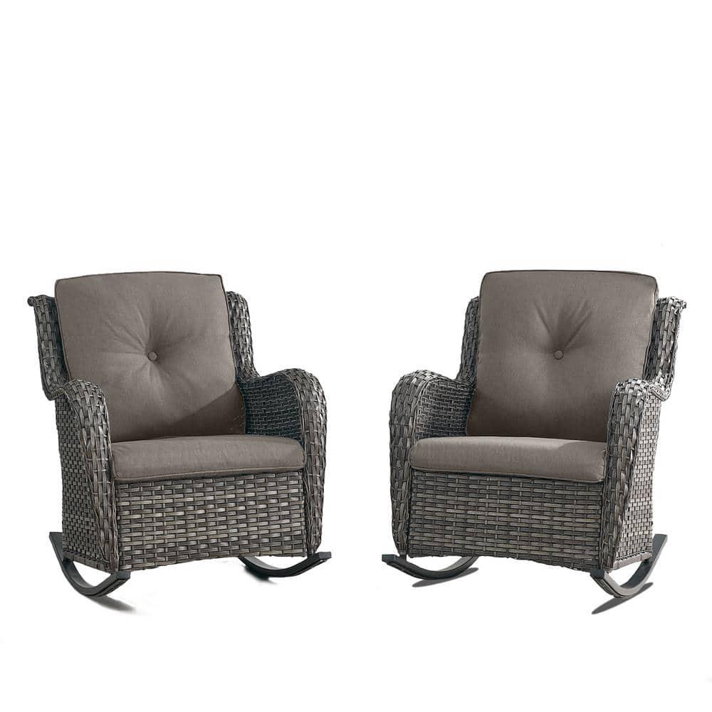 PARKWELL Outdoor Wicker Rocking Chair - Rattan Patio Rocker Chairs with Cushions and Steel Frame - Set of 2 - Gray
