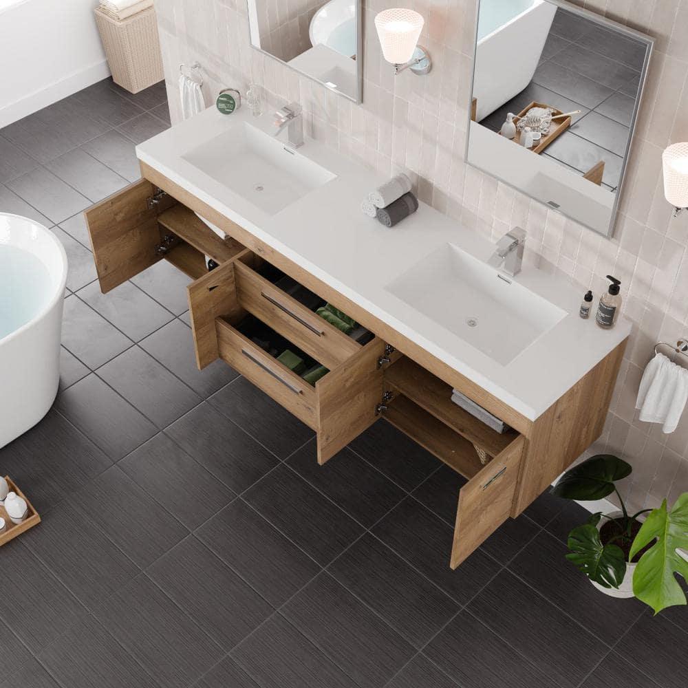Wade Logan® Wauconda 72"W X 20"D Wall Mount Double Sink Bathroom Vanity With White Acrylic Countertop And Integrated Sinks