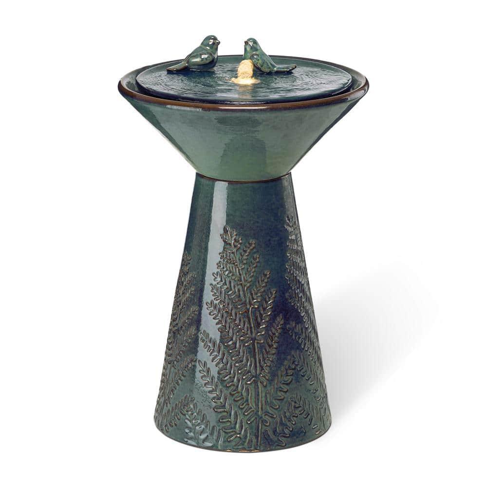 Glitzhome 27.5" Fountain with Pump and LED Light Embossed Pedestal Ceramic Bird Bath, Turquoise