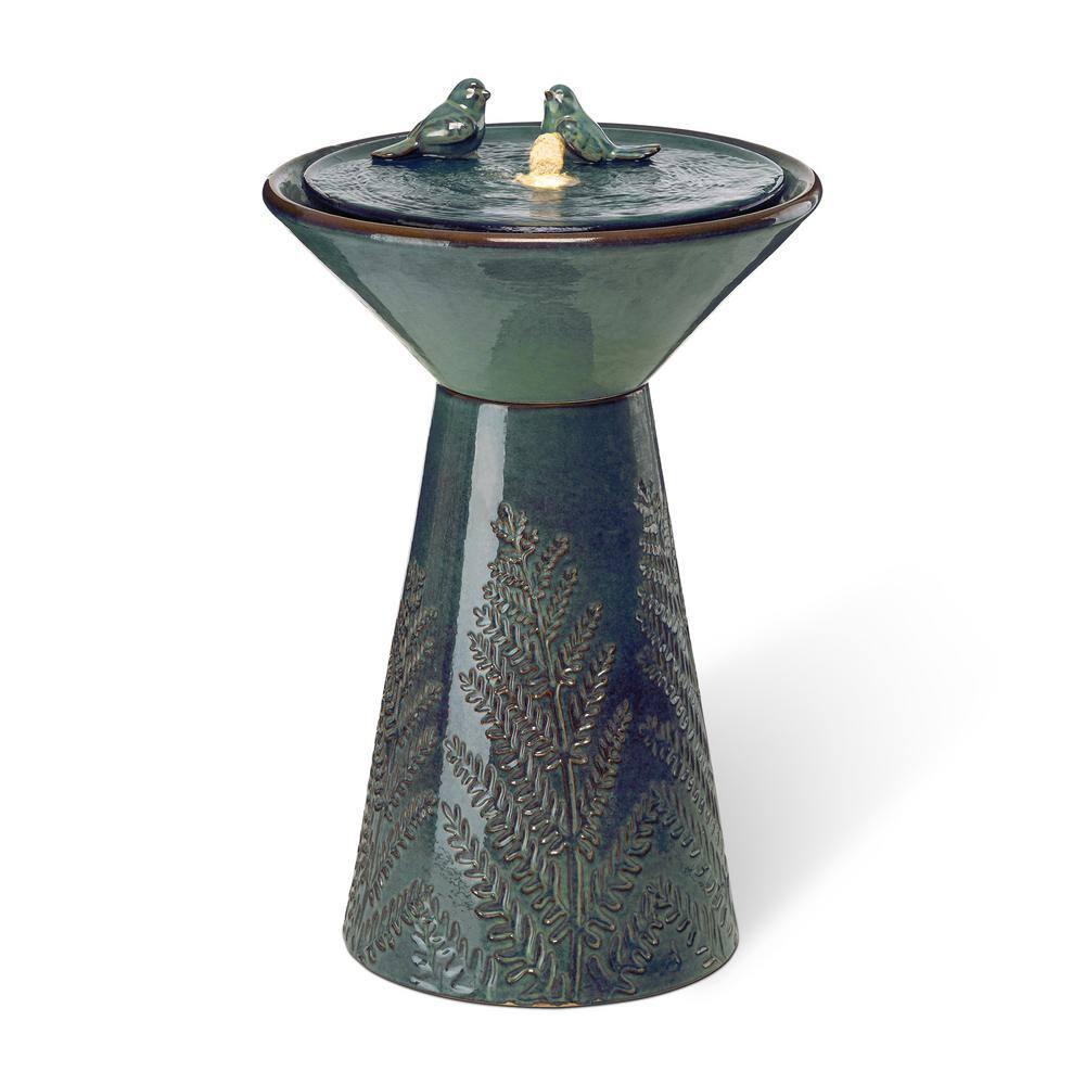 Glitzhome 27.5" Fountain with Pump and LED Light Embossed Pedestal Ceramic Bird Bath, Turquoise