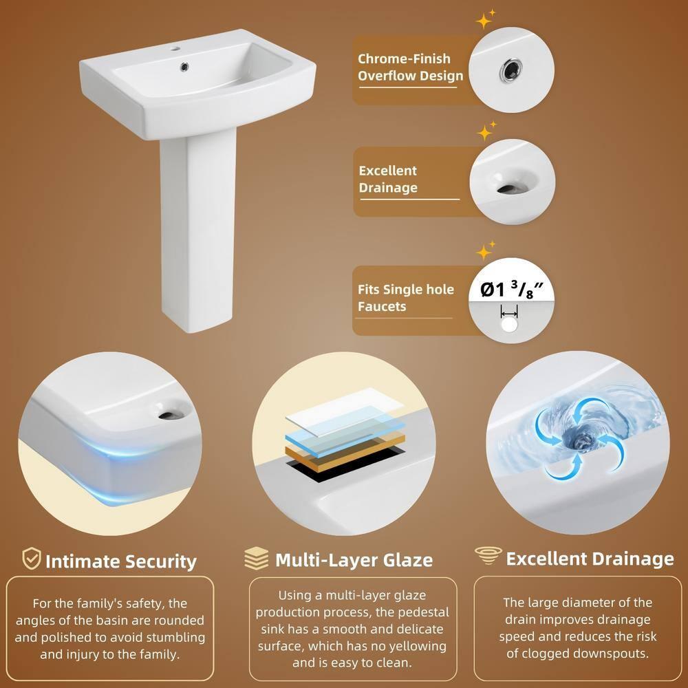 Classic Vintage Bathroom Pedestal Sink, Los Flexi 23"W x 19"D White Ceramic Freestanding Sinks for bathrooms, Overflow, 3 Pre-Drilled Holes for 4-Inch Faucets, Easy Install