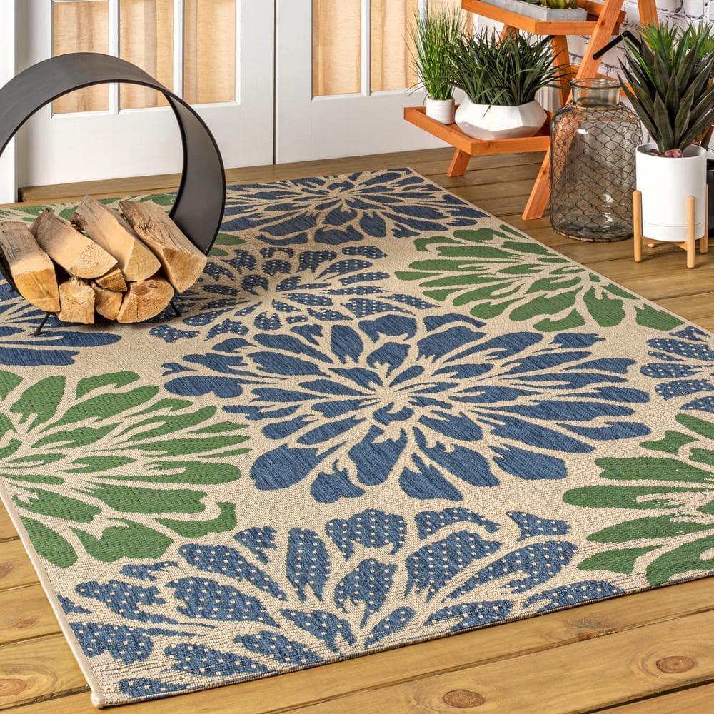 9' X 12' Zinnia Modern Floral Textured Weave Indoor/Outdoor Area Rug, Navy/Green - JONATHAN Y