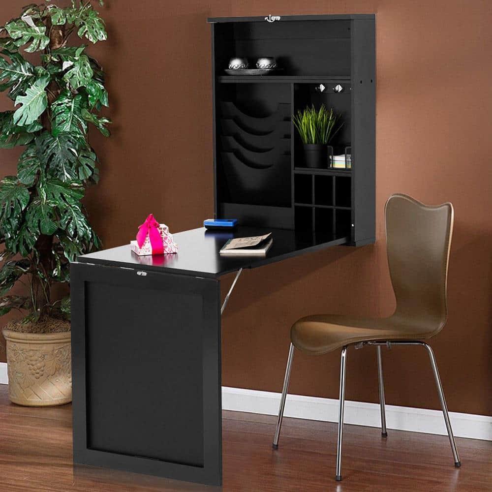 Costway Wall Mounted Computer Convertible Desk Floating Desk w/ Storage Bookcases Black