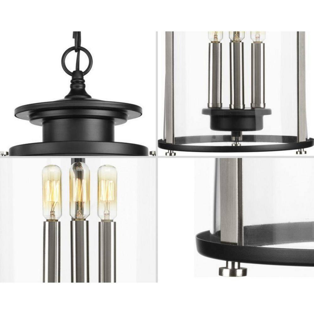 Progress Lighting Squire 3-Light Hanging Lantern, Steel, Black Finish, Clear Glass Shade