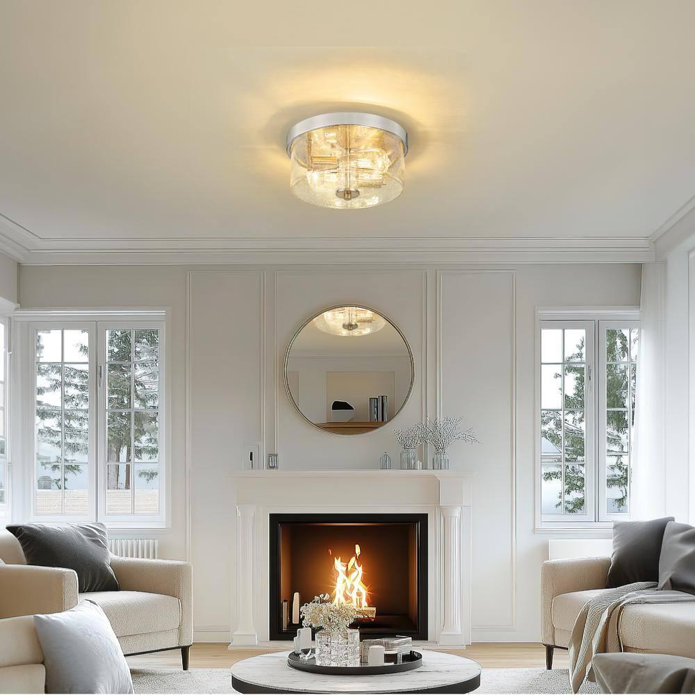 Emak 2-Light Brushed Nickel Ceiling Light Fixture, 11 Inch Flush Mount Light Fixture with Seeded Glass Shade for Bedroom, Living Room, Kitchen, Hallway, Bathroom, FM082-BN