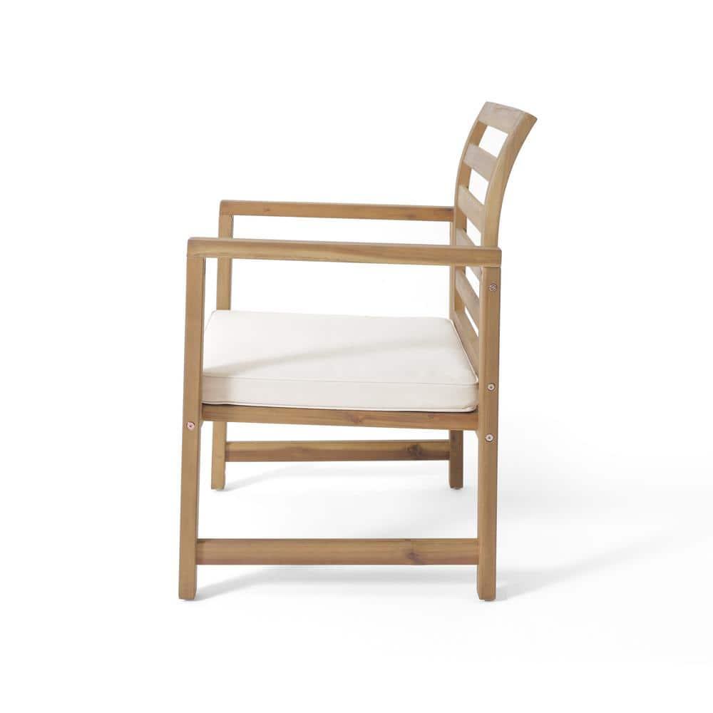 Natural Acacia Wood Lounge Chairs with White Cushions, Set of 2