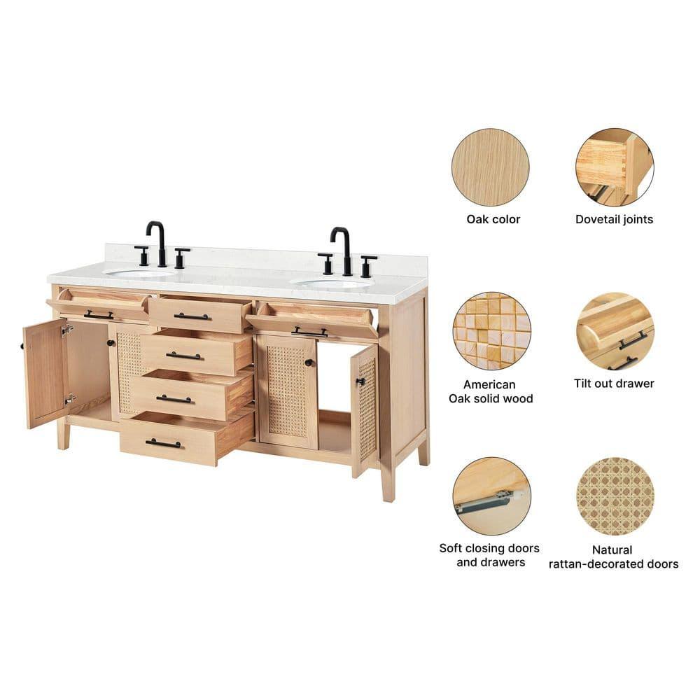 Camila 72 in. W x 22 in. D x 36 in. H Double Oval Sink Bath Vanity in White Oak with Carrara White Quartz Top