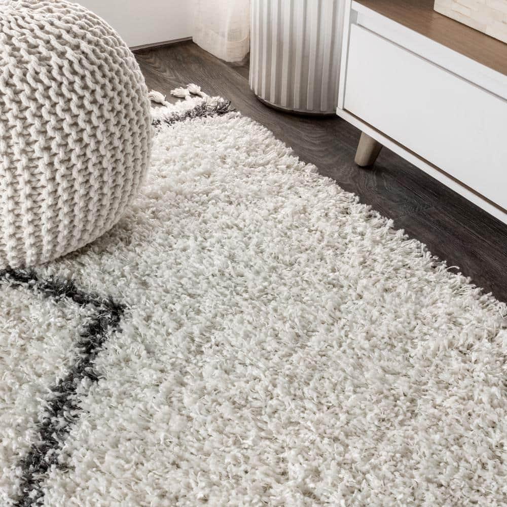 5'x8' Mercer Shag Plush Tassel Moroccan Geometric Trellis Area Rug, Cream/Grey - JONATHAN Y
