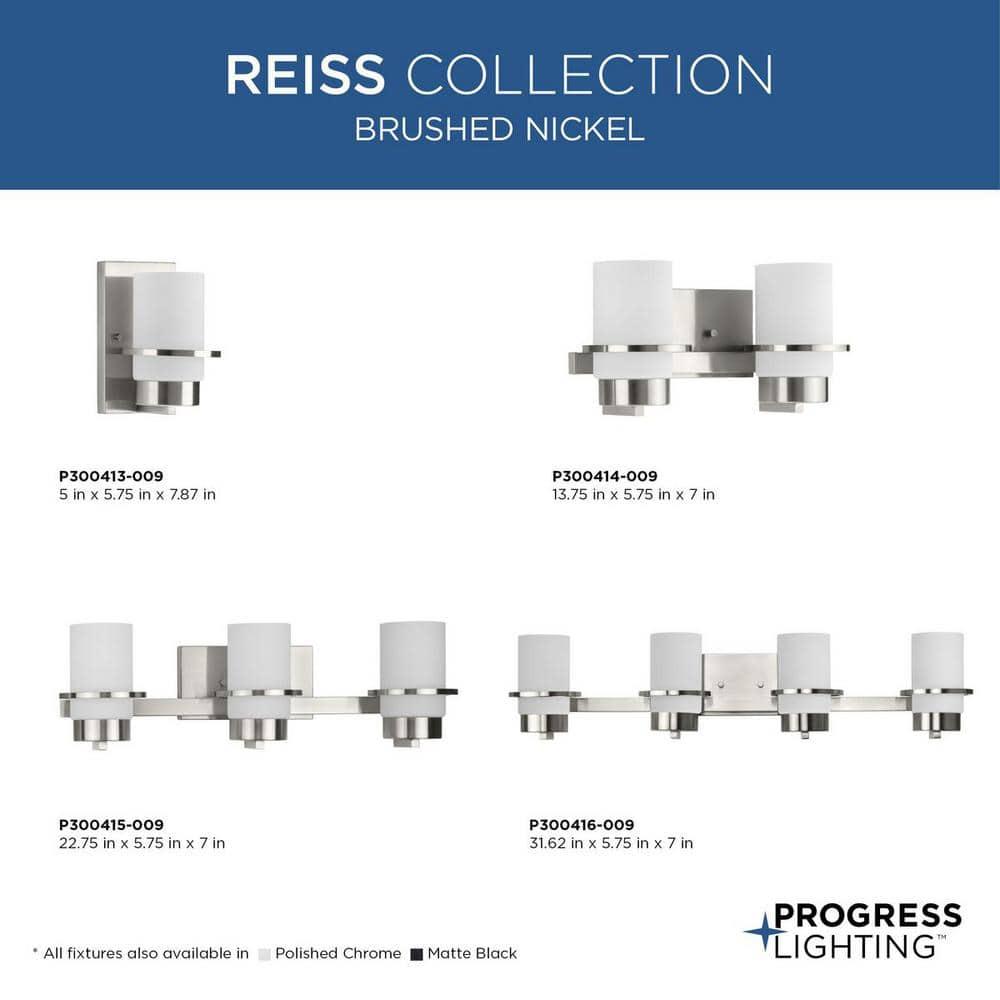 Progress Lighting Reiss 2-Light Vanity Light, Brushed Nickel, White Glass Shade